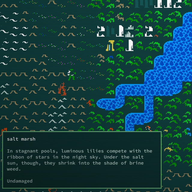 A player walks on the Caves of Qud world map and inspects a salt marsh tile.